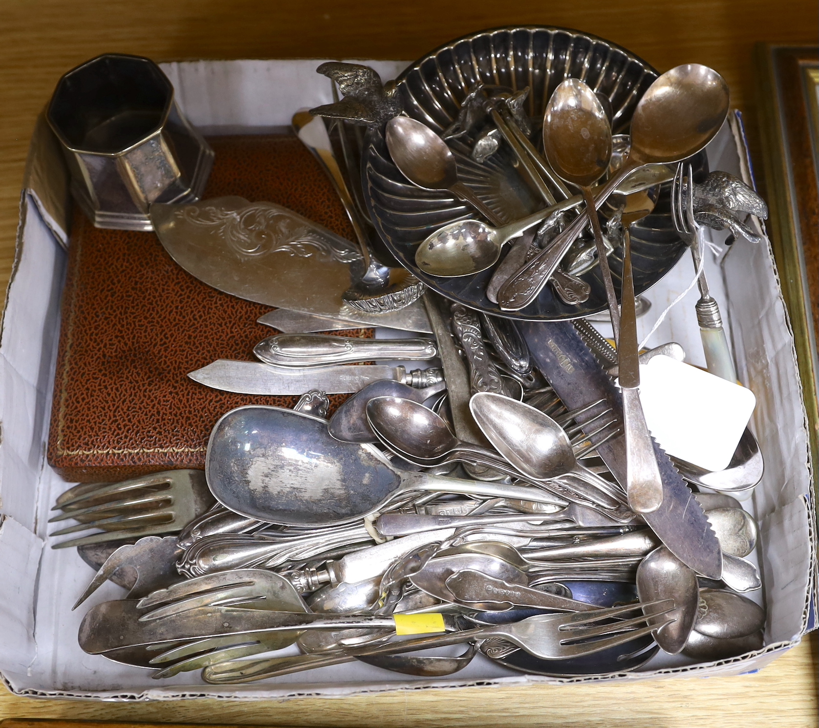 Assorted plated cutlery, dish, etc. including cased sets